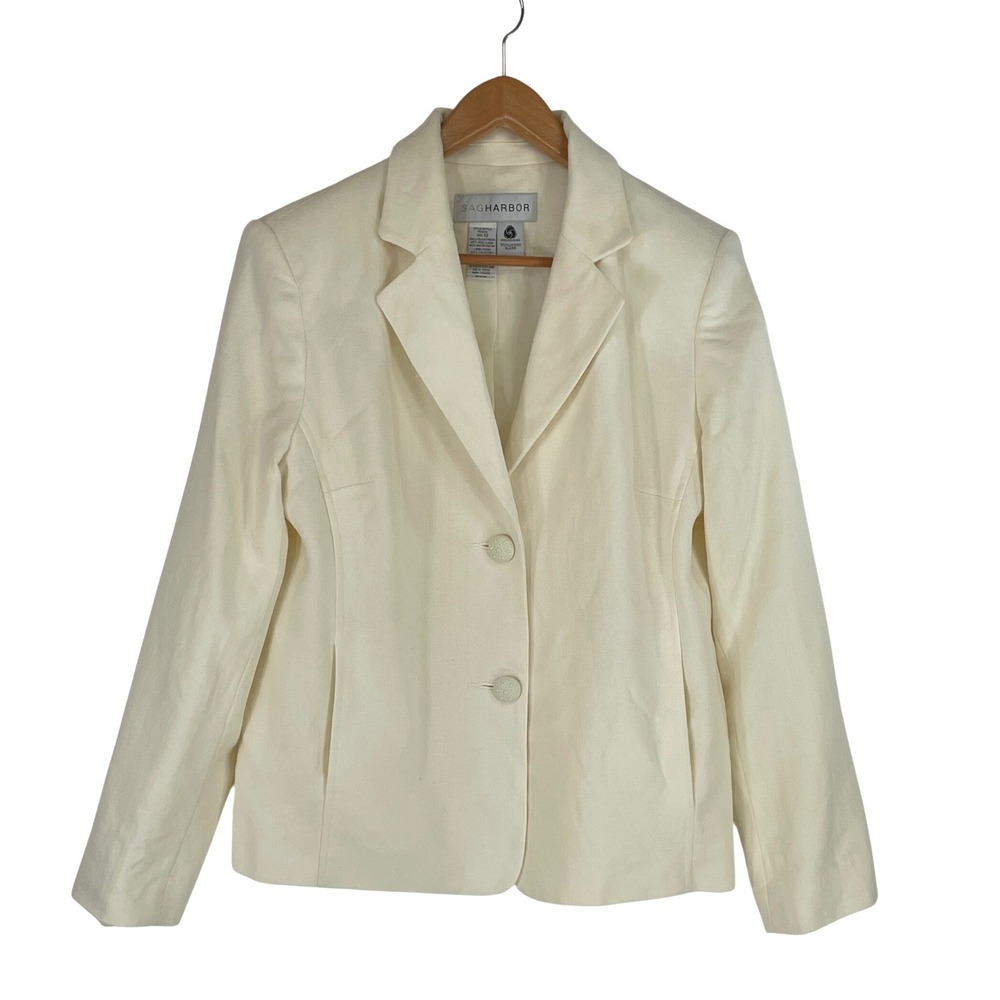 Sag Harbor Womens Blazer 12 Wool Blend Cream Ivory Two Button Professional